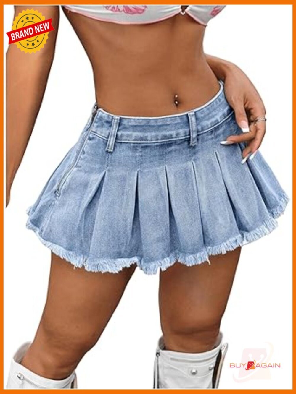 Low Waist Pleated Denim Skirt Raw Hem Ruffle Jean Mini Skirt Zipper Closure